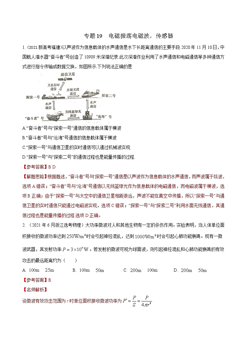 2022届高考物理二轮专练 专题19 电磁振荡电磁波 传感器（解析版）第1页