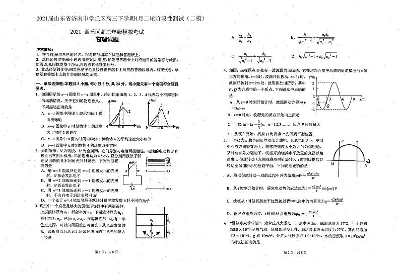 山东省济南市章丘区2021届高三4月二轮阶段性测试物理试题第1页
