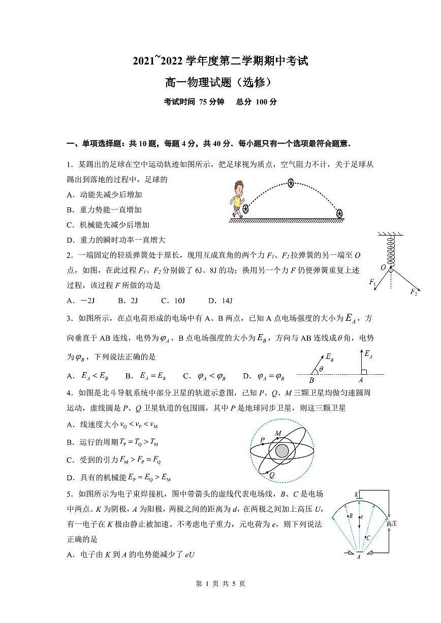 江苏省南通市重点中学2021-2022学年高一下学期期中考试物理试卷第1页