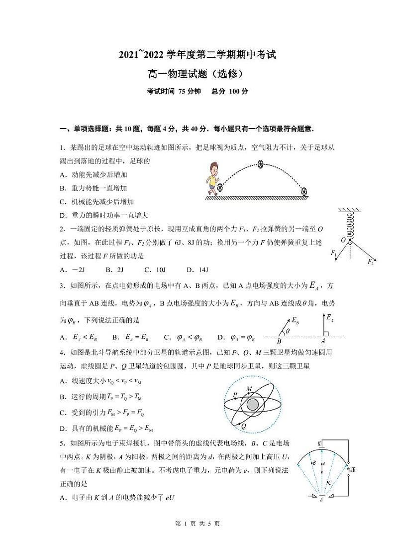 江苏省南通市重点中学2021-2022学年高一下学期期中考试物理试卷第1页