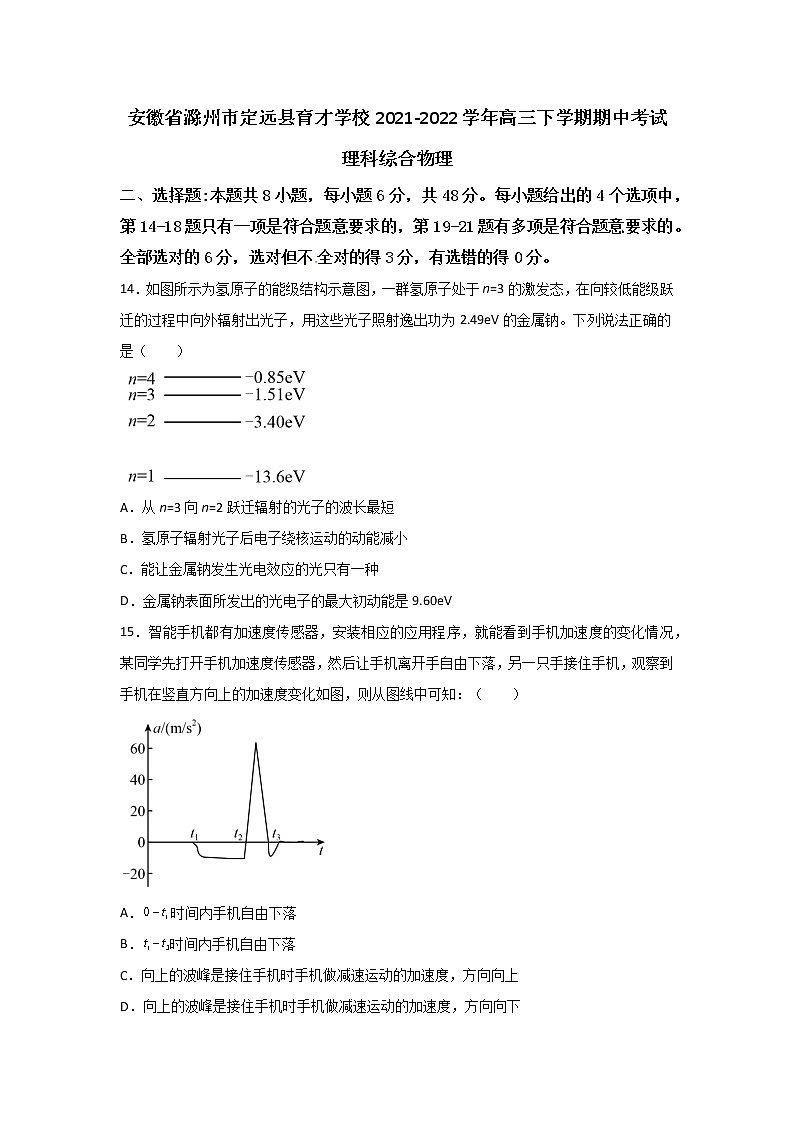 安徽省滁州市定远县育才学校2021-2022学年高三下学期期中考试理科综合物理试题（含答案）01
