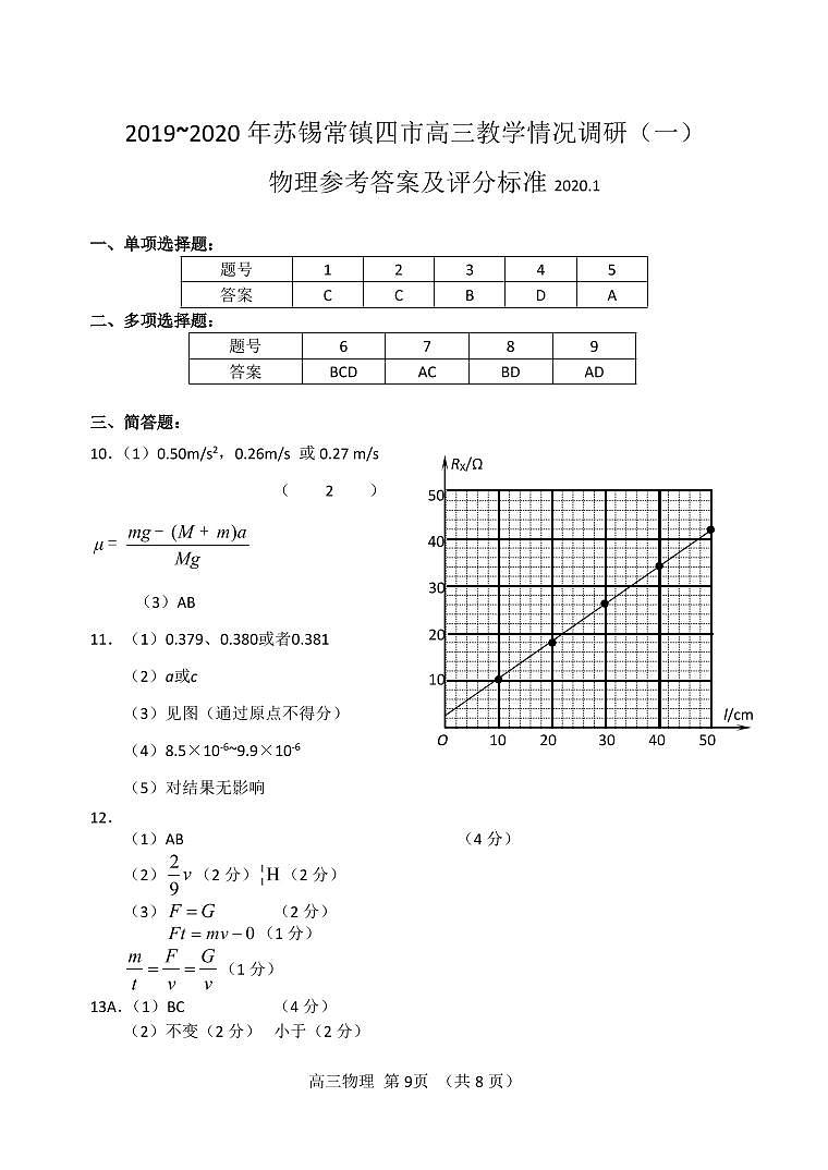 2020届江苏省锡常镇四市高三下学期教学情况调研（一）物理试题（PDF版）01