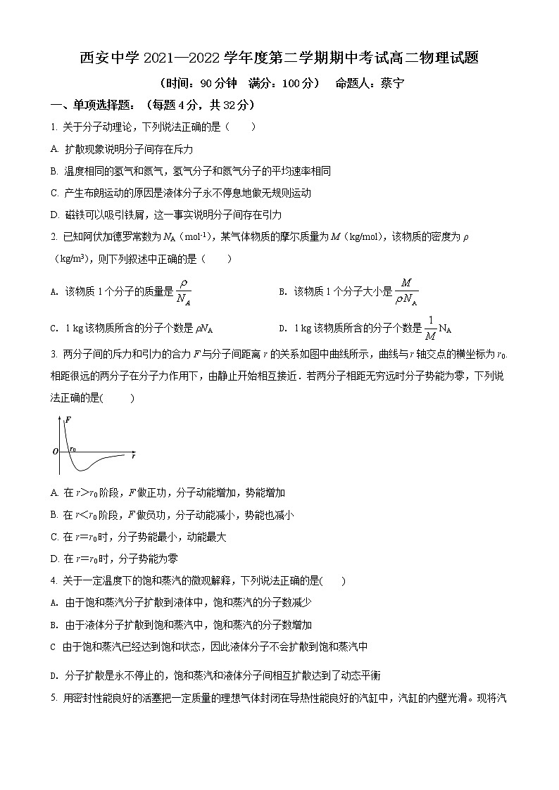 2022西安西安中学高二下学期期中物理试题01