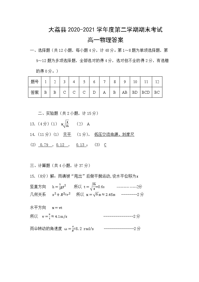 2021渭南大荔县高一下学期期末考试物理试题PDF版含答案01