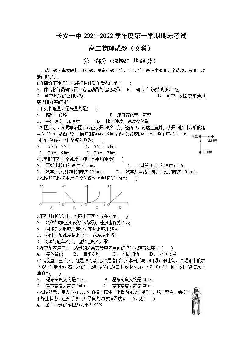 2021-2022学年陕西省西安市长安区第一中学高二上学期期末教学质量检测物理（文）试题（Word版）第1页