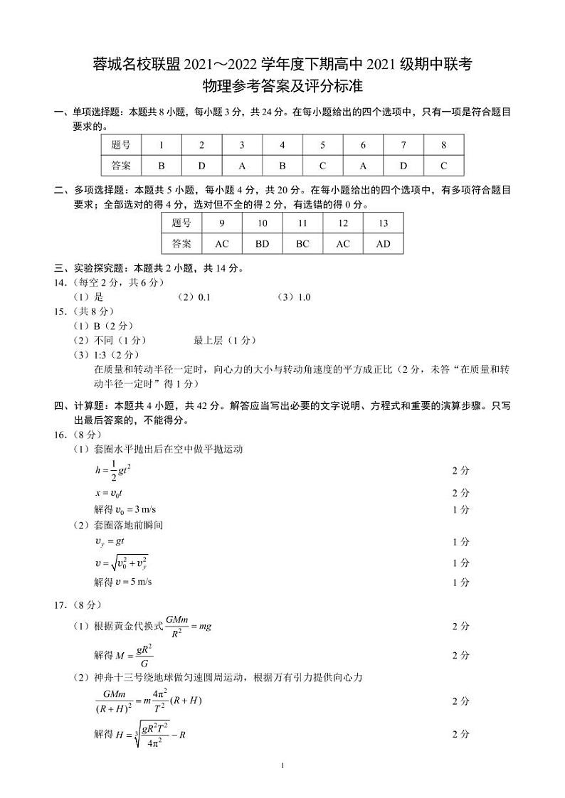 2021-2022学年四川省成都市蓉城高中联盟高一下学期期中考试 物理 PDF版含答案练习题01
