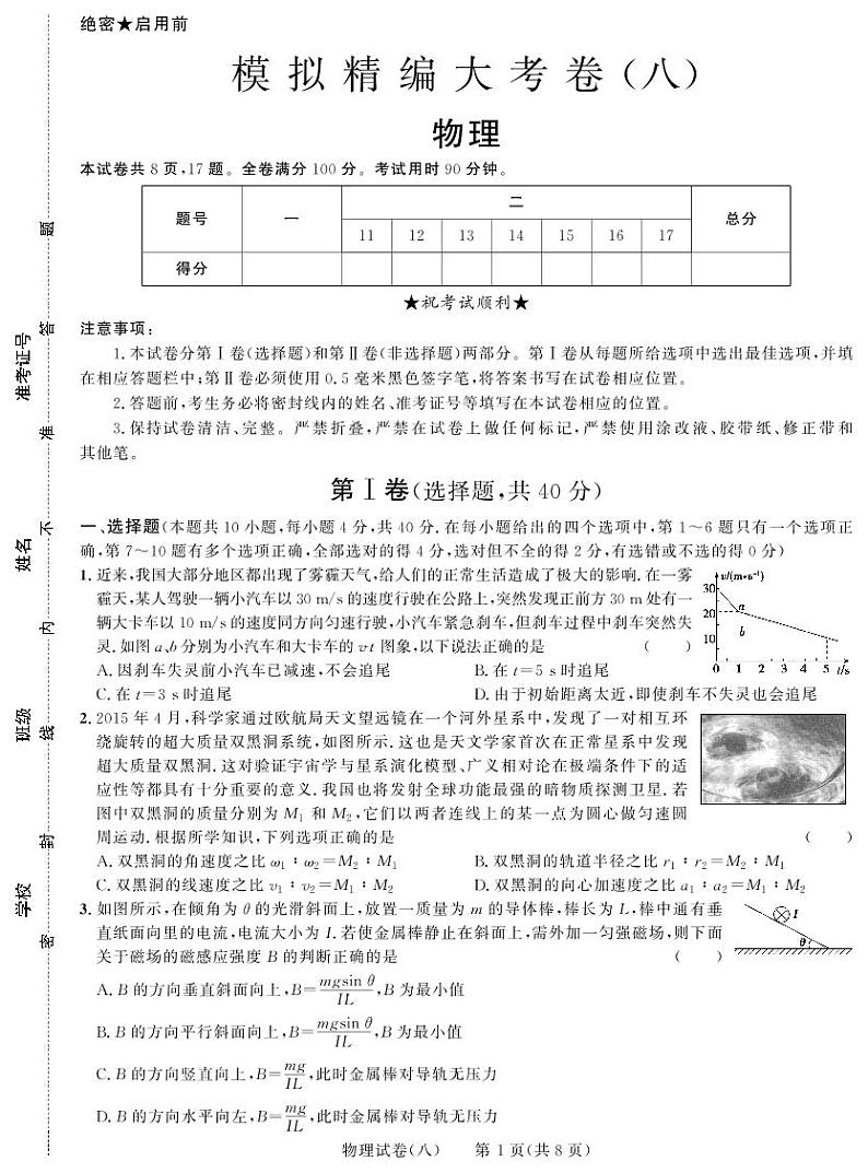 2018年黑龙江省高考模拟精编大考卷（八）物理试卷（PDF版）01