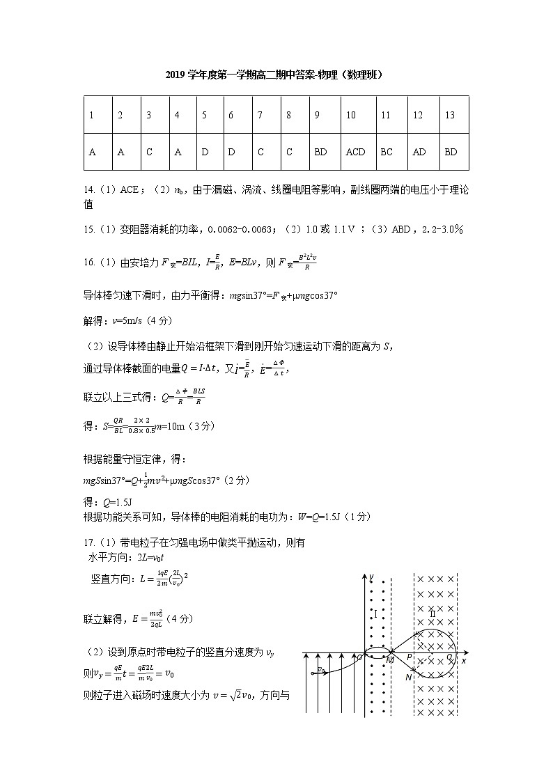 浙江省效实中学2019-2020学年高二上学期期中考试物理（数理班）答案第1页