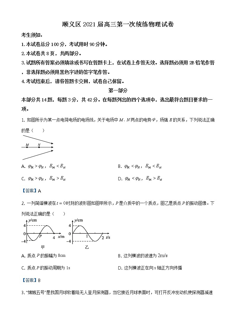 北京市顺义区2021届高三上学期期末考试物理试题 参考答案第1页