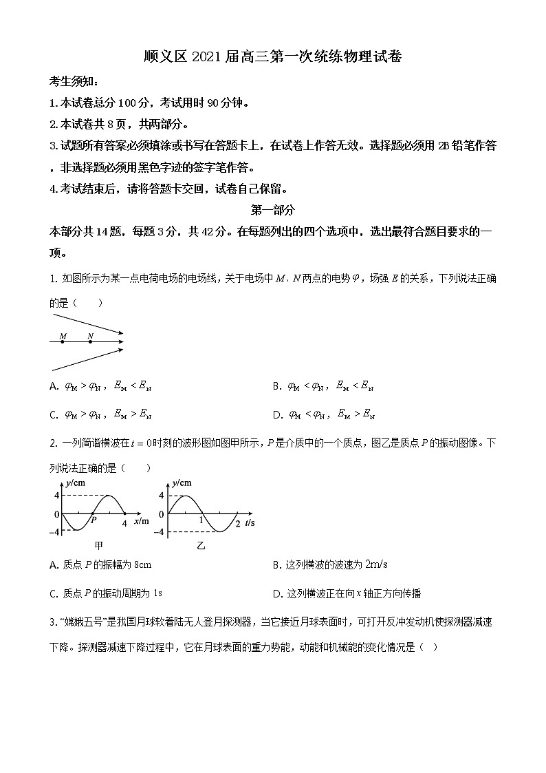 北京市顺义区2021届高三上学期期末考试物理试题01