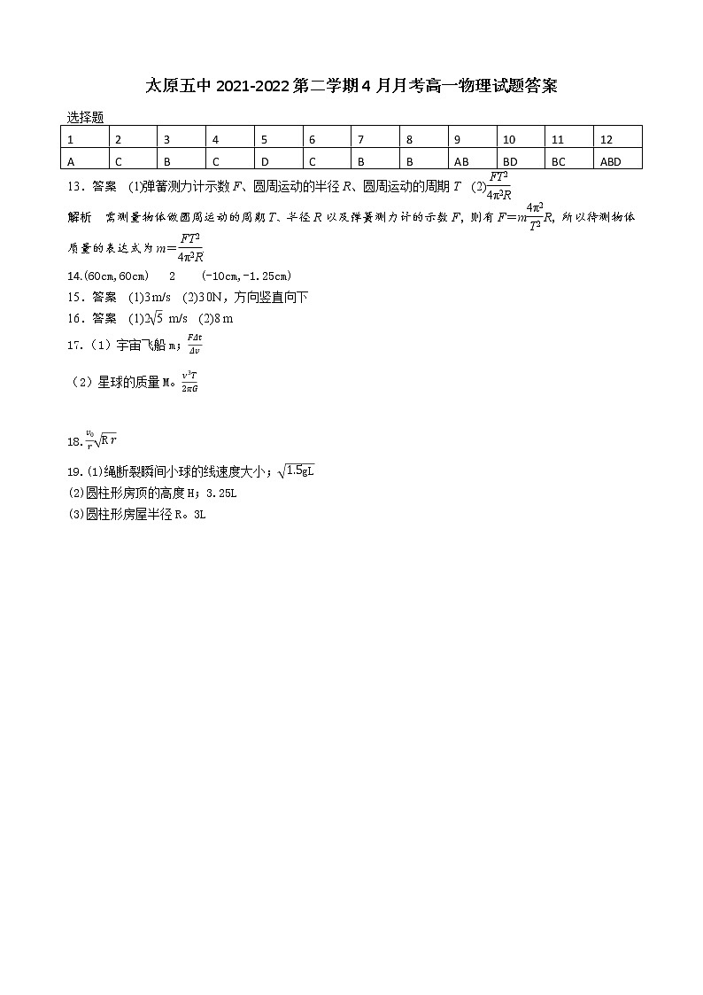 2021-2022第二学期高一物理4月份月考试题答案第1页