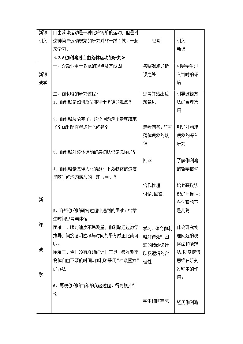 新人教版高中物理必修1第二章匀变速直线运动的研究第6节伽利略对自由落体运动的研究1教案第3页