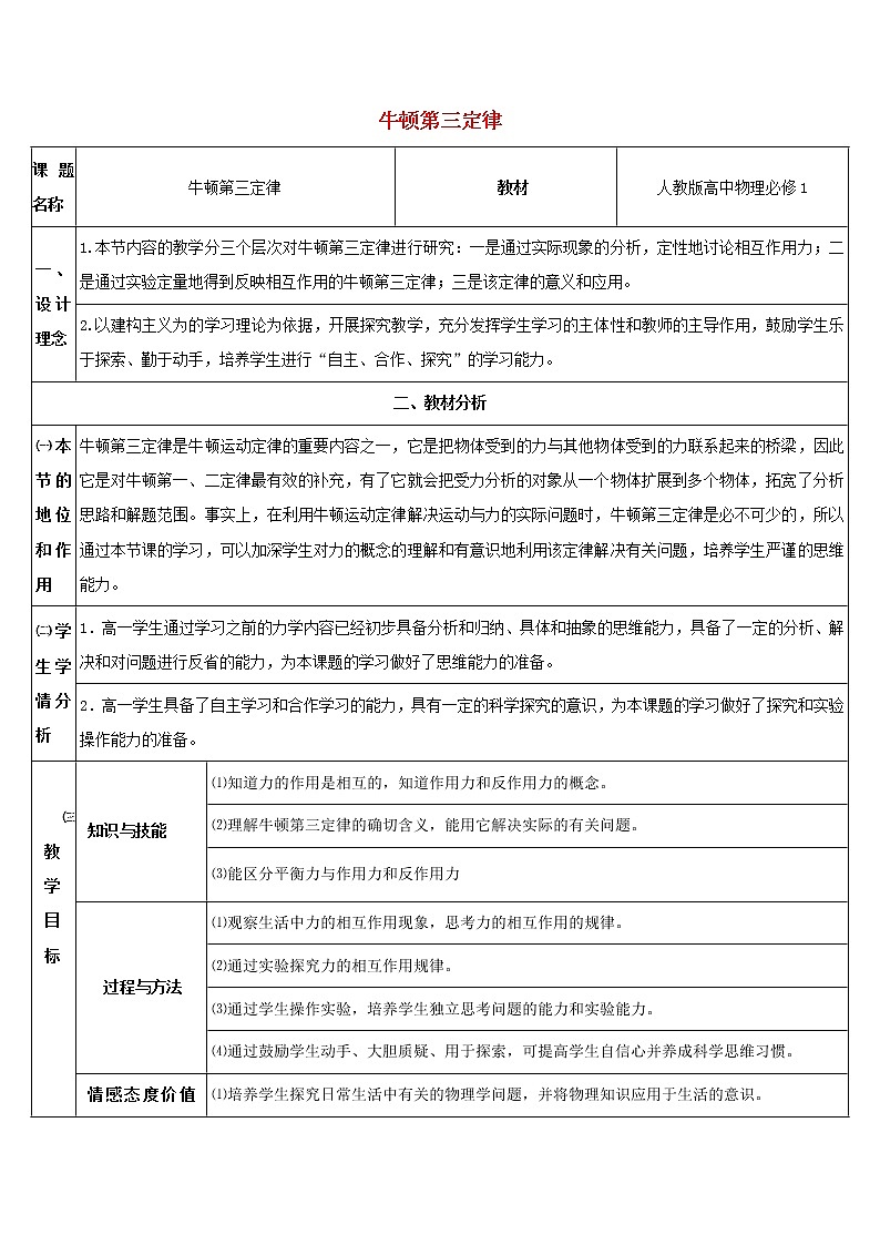 新人教版高中物理必修1第四章牛顿运动定律第5节牛顿第三定律3教案第1页