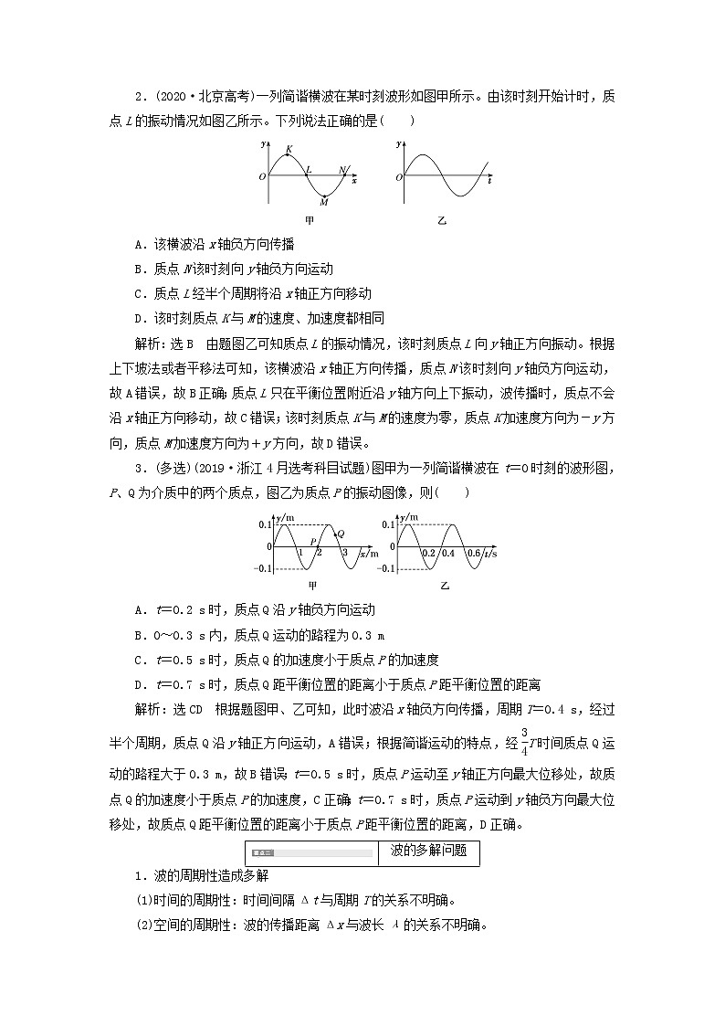 粤教版高中物理选择性必修第一册第三章机械波习题课一振动图像与波的图像的比较及波的多解问题学案03