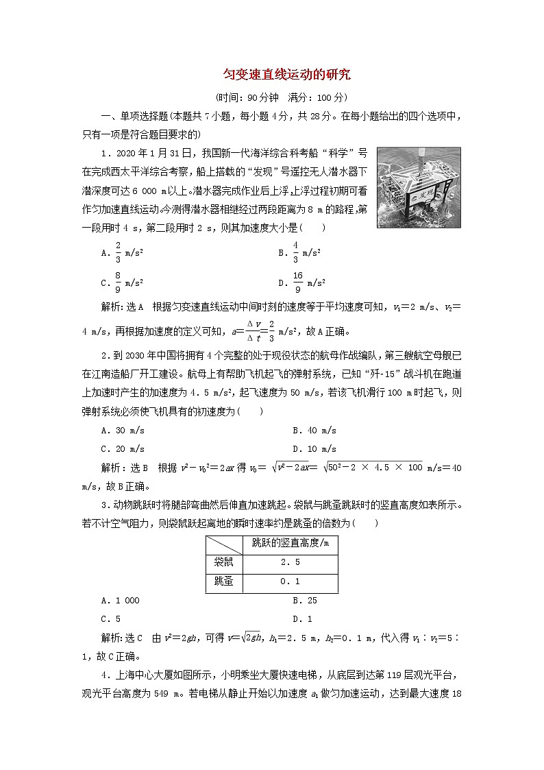 新人教版高中物理必修第一册第二章匀变速直线运动的研究章末检测含解析第1页