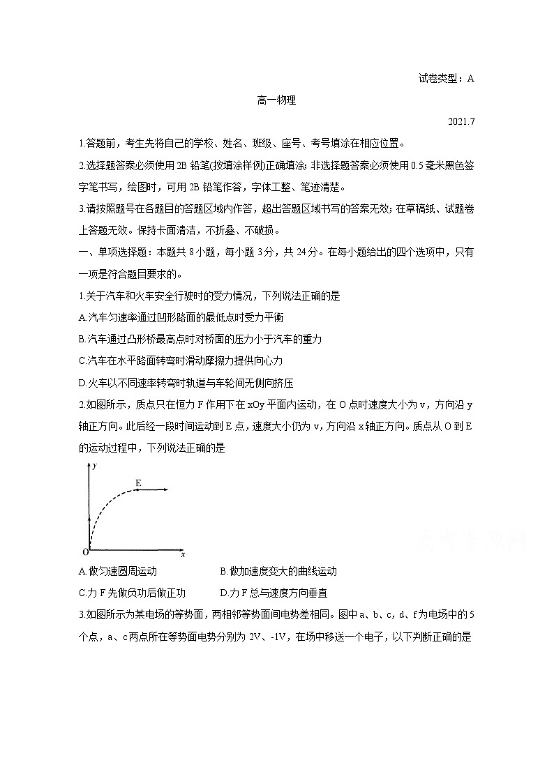 2021山东省诸城市高一下学期期末考试物理含答案第1页