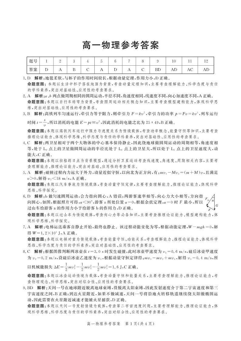 2021张家口高一下学期期末考试物理试题扫描版含答案01