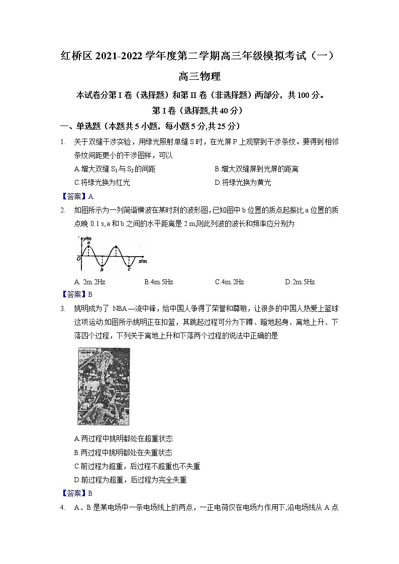 2022届红桥区高三年级一模试题-物理试卷（答案版）第1页