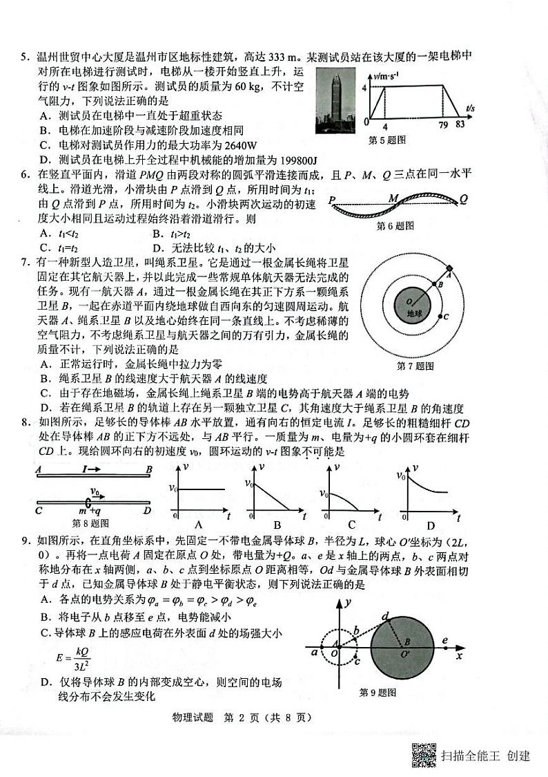 2022温州三模5月高中选考适应性测试物理试卷02