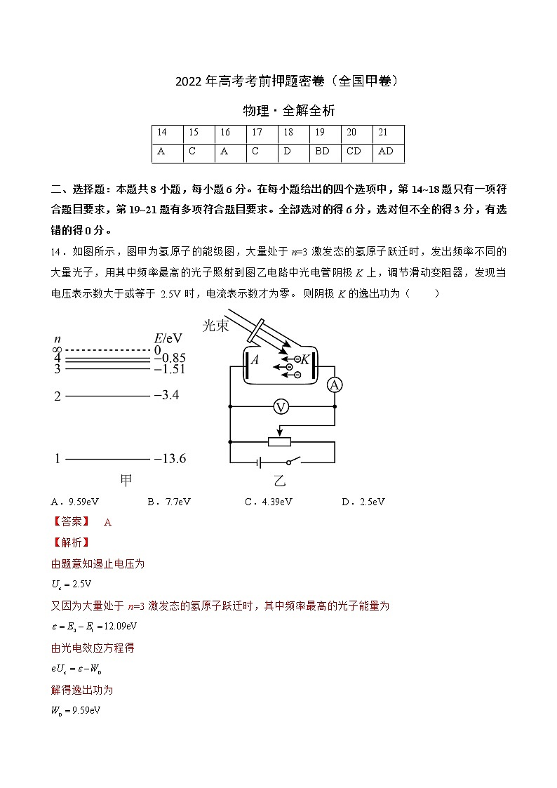 物理-2022年高考考前押题密卷（全国甲卷）（全解全析）01