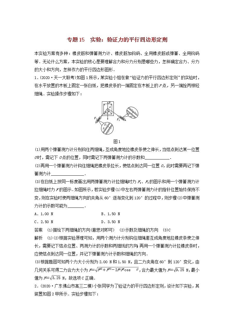 2023版高考物理专题15实验：验证力的平行四边形定则练习含解析01