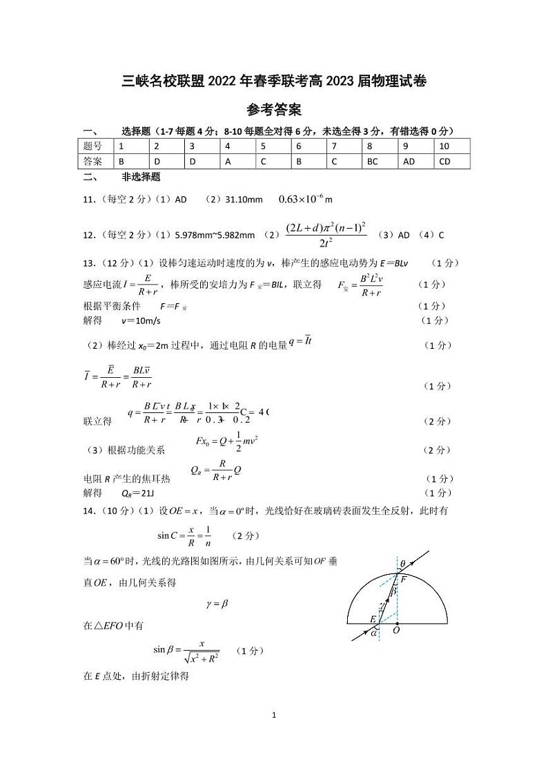 三峡名校联盟2022年春季联考高2023届物理答案第1页