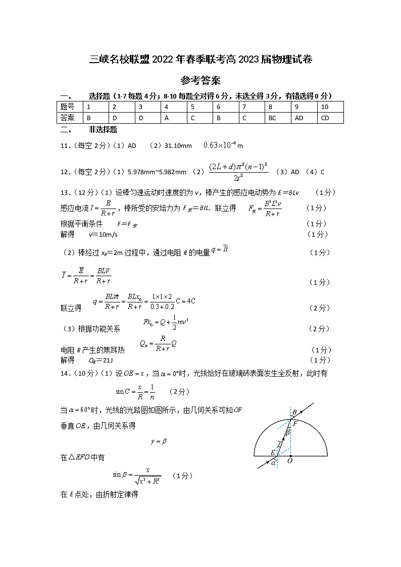 三峡名校联盟2022年春季联考高2023届物理答案第1页