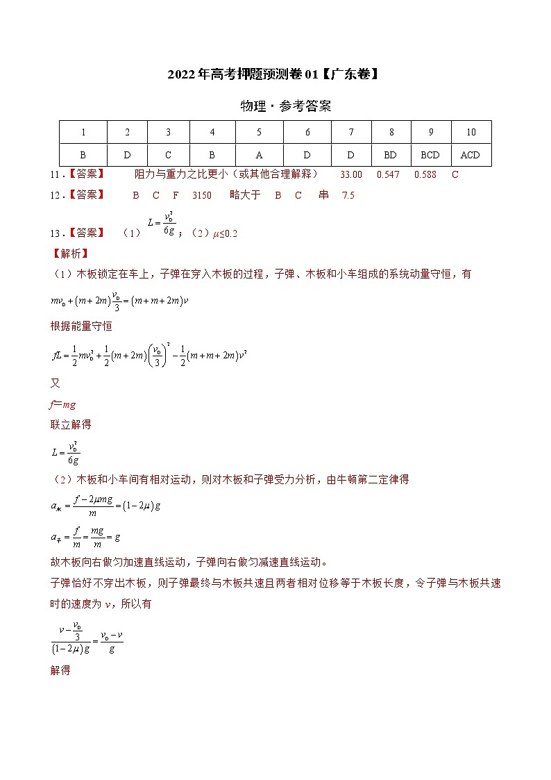2022年高考物理预测押题卷+答案解析01（广东卷）01