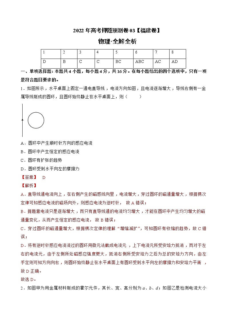 2022年高考物理预测押题卷+答案解析（福建卷三）01
