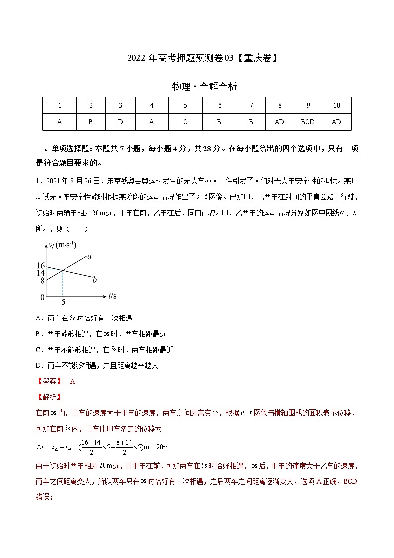 2022年高考物理预测押题卷+答案解析（重庆卷三）01