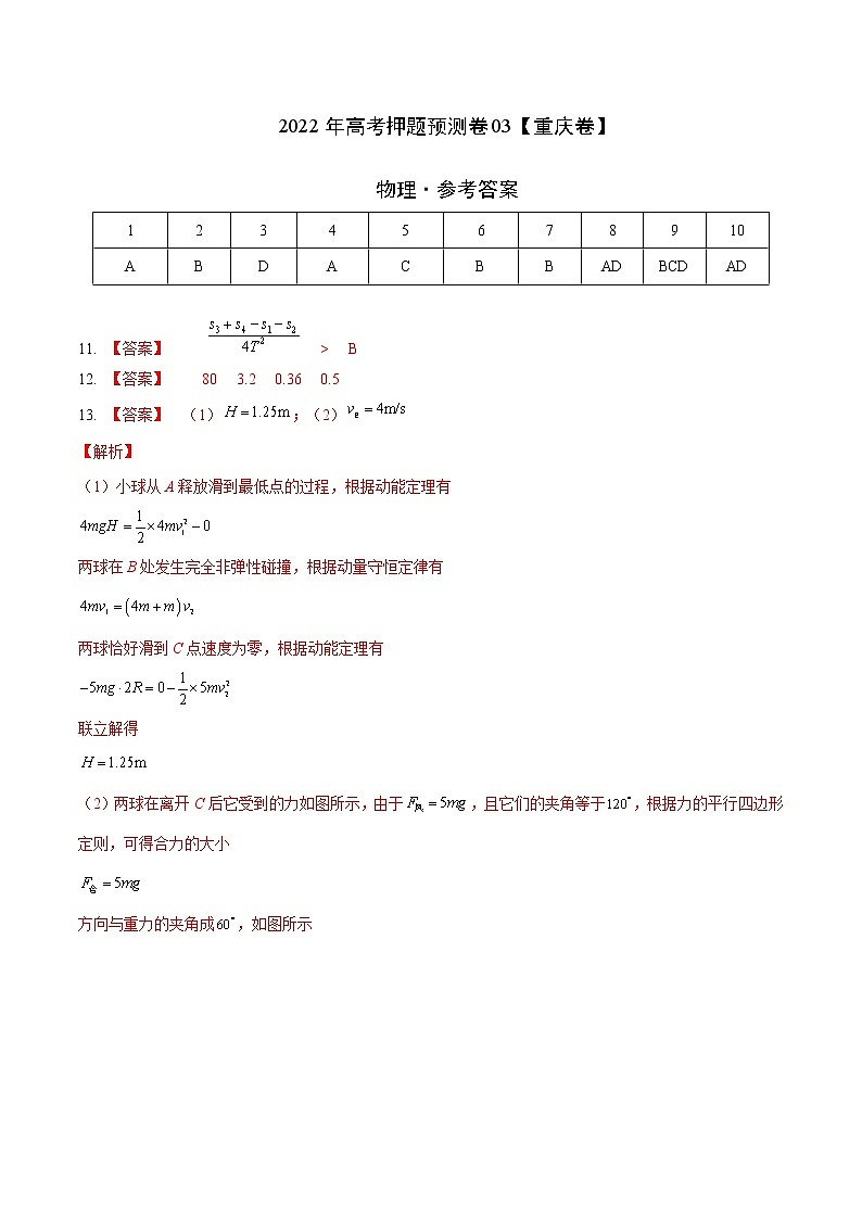 2022年高考物理预测押题卷+答案解析（重庆卷三）01