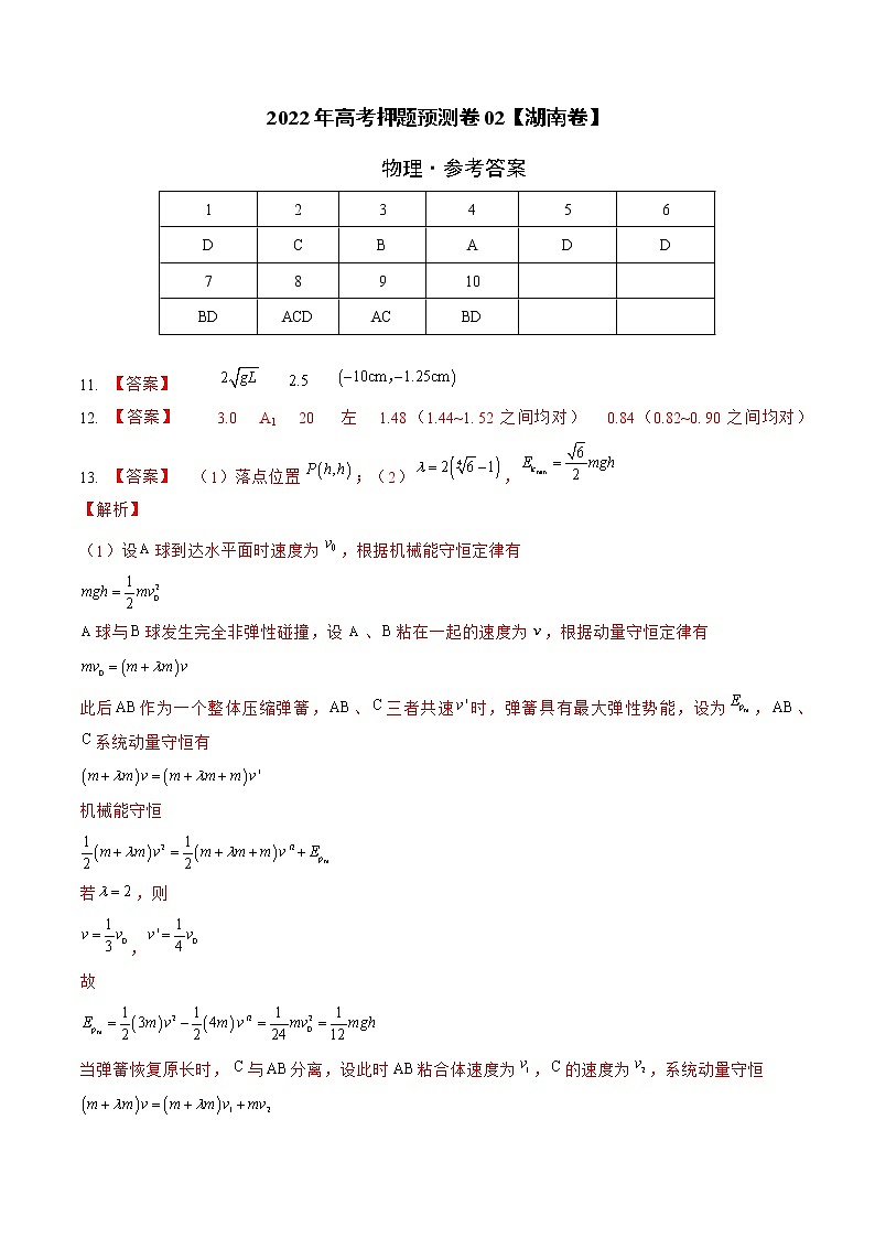 2022年高考物理预测押题卷+答案解析02（湖南卷）01