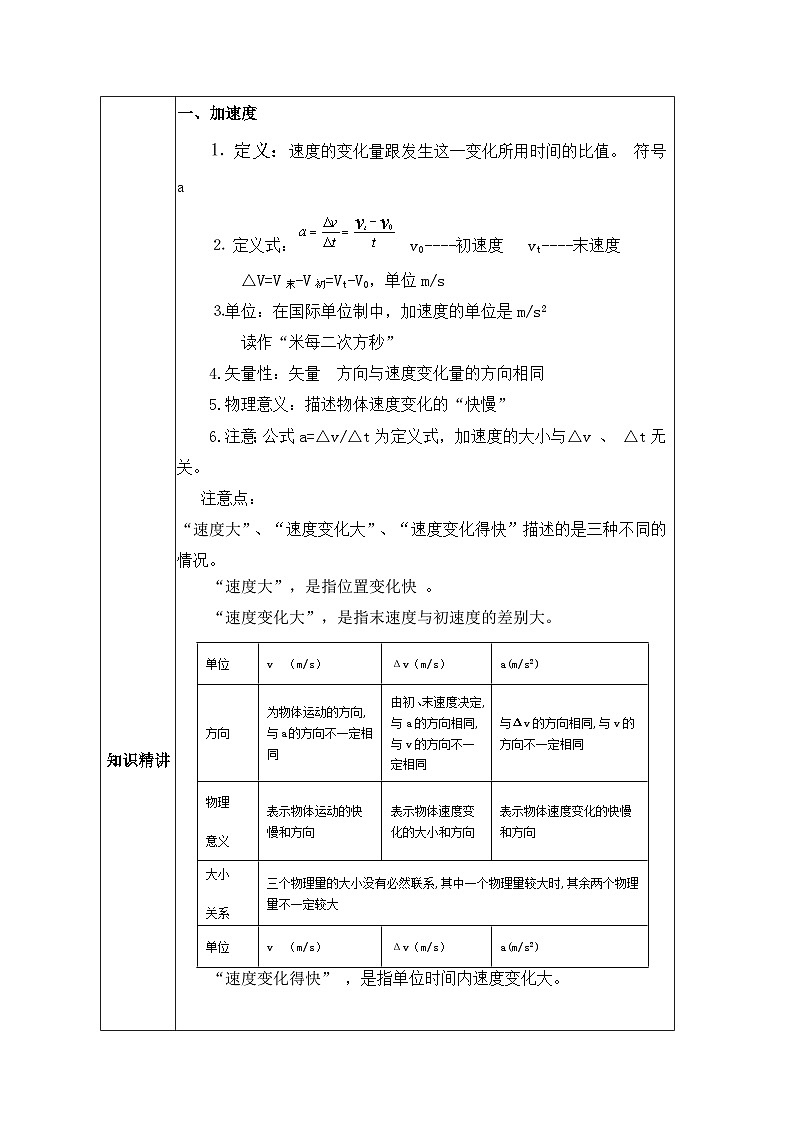 高一物理人教版（2019）必修第一册 1.4《速度变化快慢的描述——加速度》课件+教案02