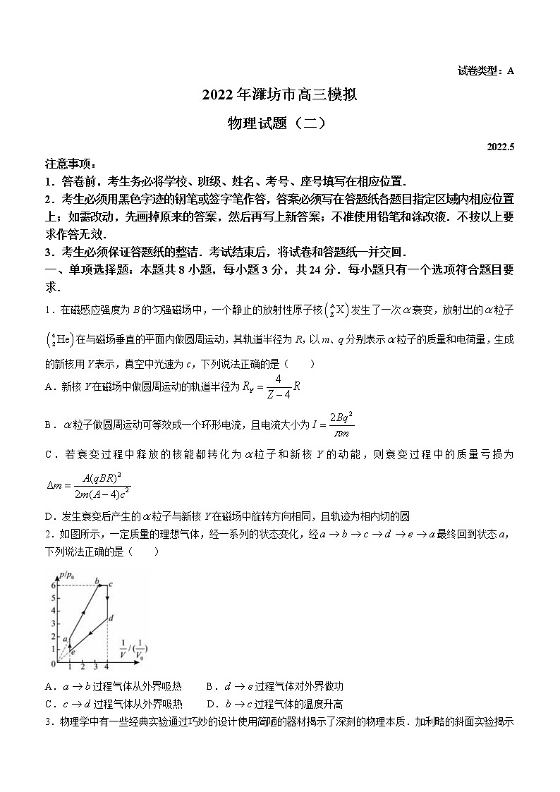 2022年山东省潍坊市高三下学期5月模拟（二）物理试题及答案01