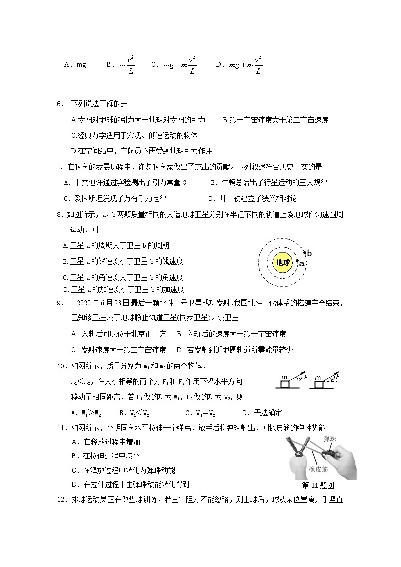 2021绍兴诸暨中学高一下学期4月期中考试（学考）物理试题含答案02
