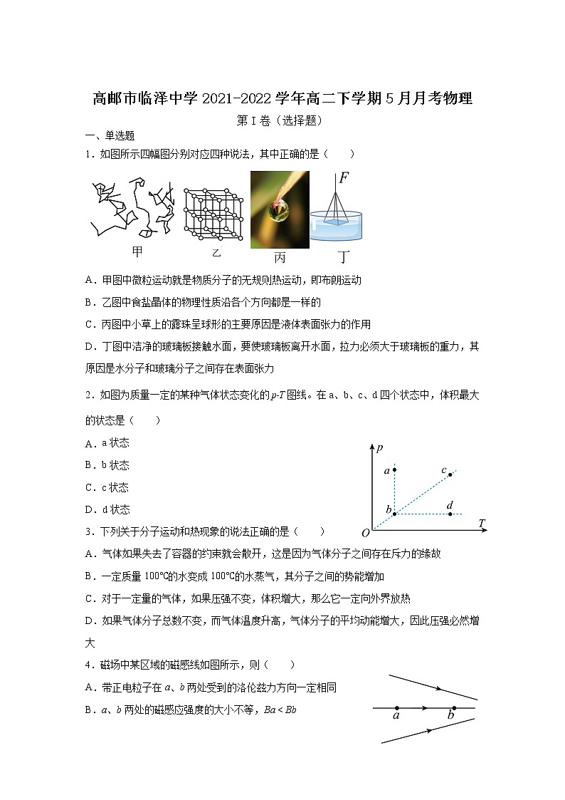 2021-2022学年江苏省高邮市临泽中学高二下学期5月月考物理试题（Word版）第1页