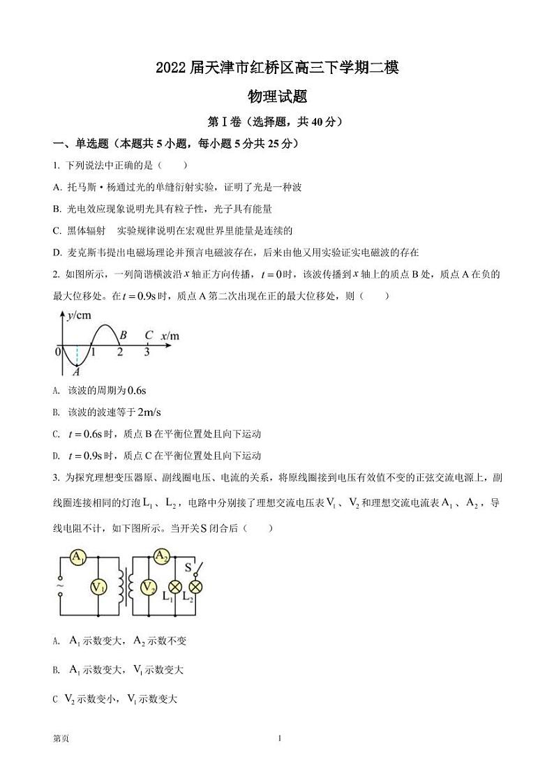 2022届天津市红桥区高三下学期二模物理试题（PDF版）第1页