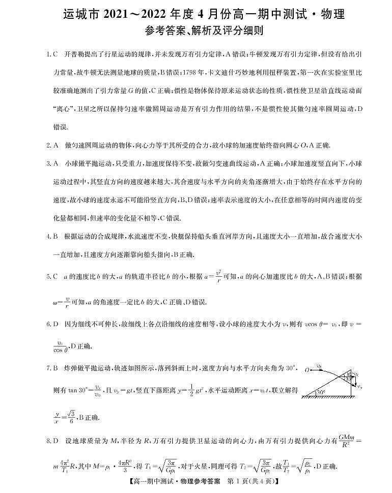 山西省运城市高中联合体2021-2022学年高一下学期期中联考物理试题答案PDF版第1页