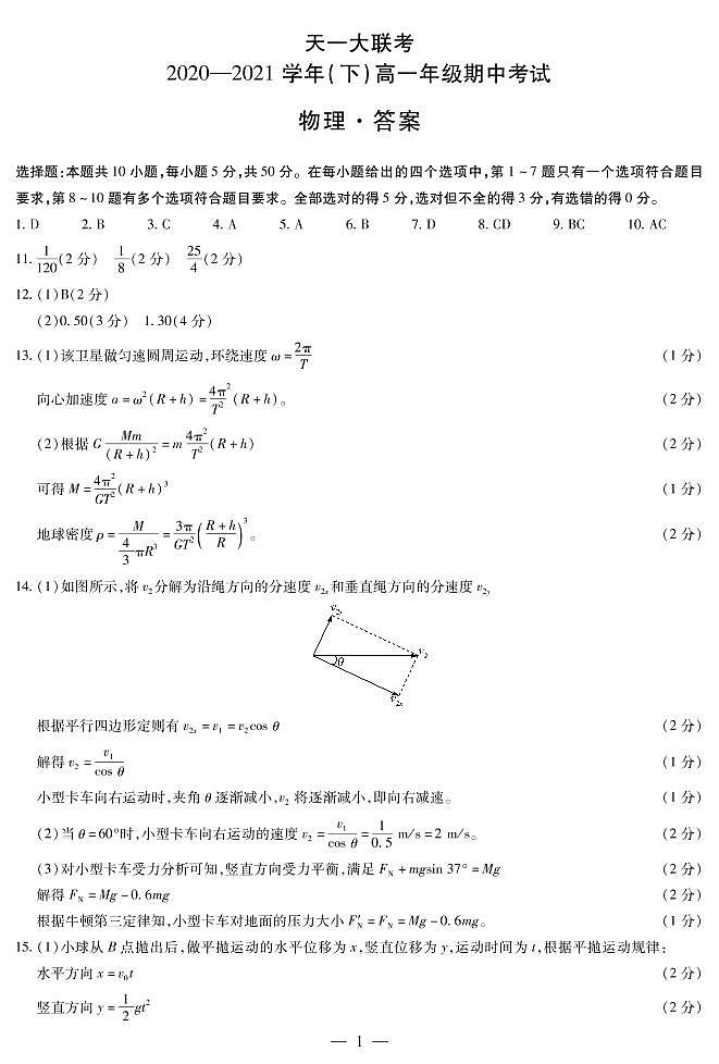 2021河南省天一大联考高一下学期期中考试物理扫描版含解析01