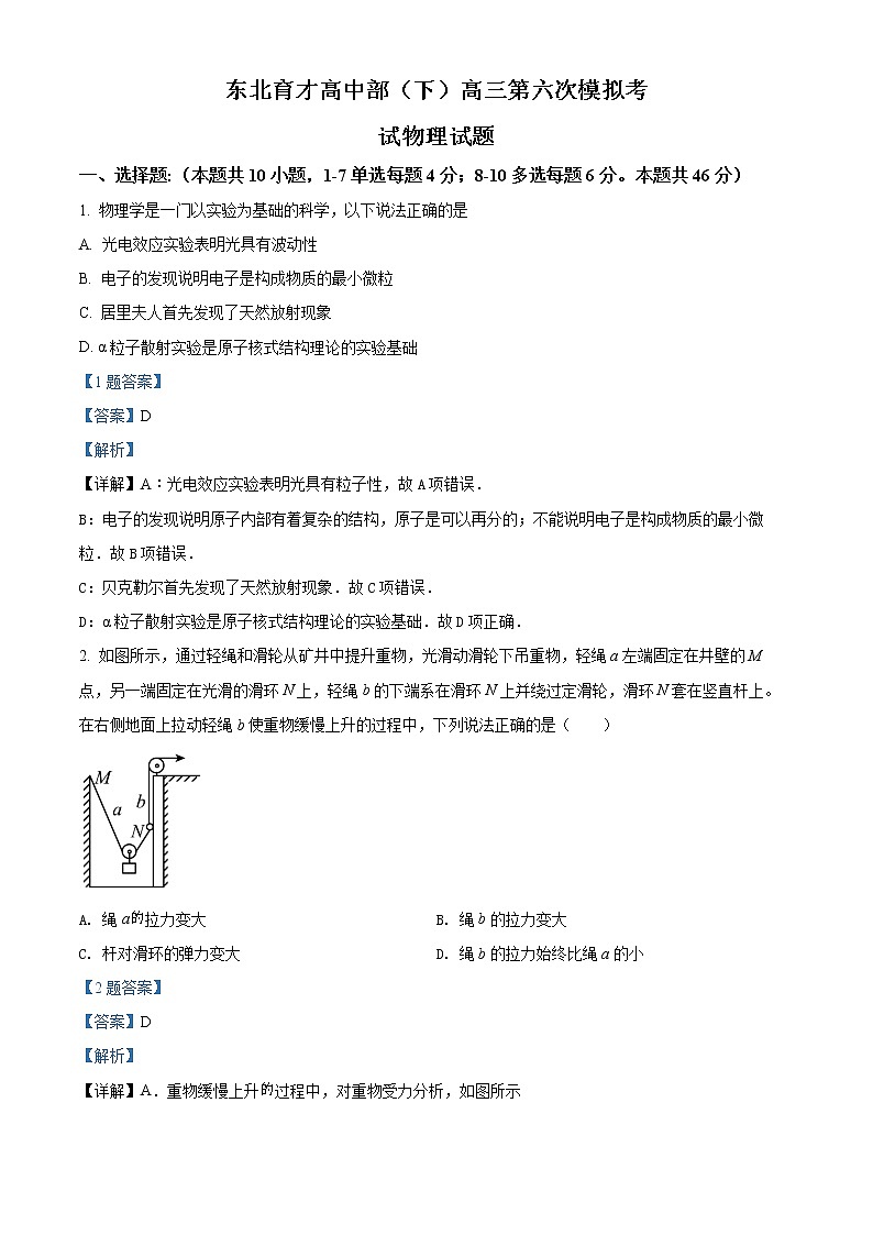 2022届辽宁省沈阳市浑南区东北育才学校高中部高三（下）第六次模拟考试物理试题（解析版）01