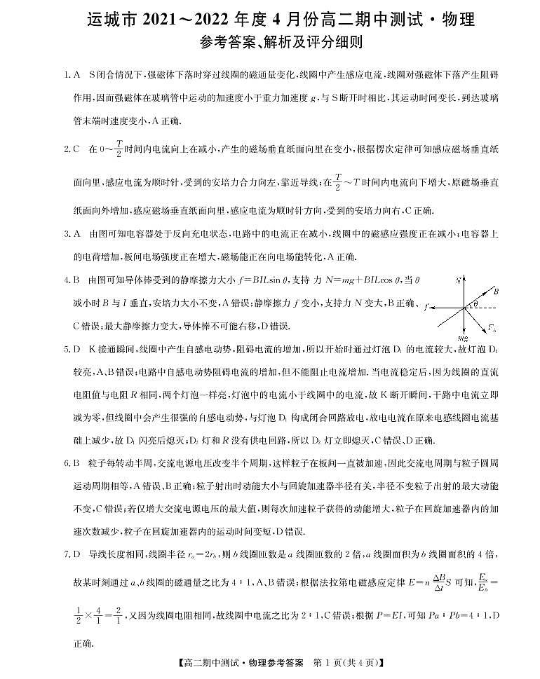 山西省运城市高中联合体2021-2022学年高二下学期期中测试物理试题PDF版答案第1页