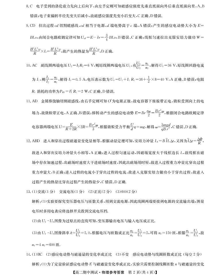山西省运城市高中联合体2021-2022学年高二下学期期中测试物理试题PDF版答案第2页