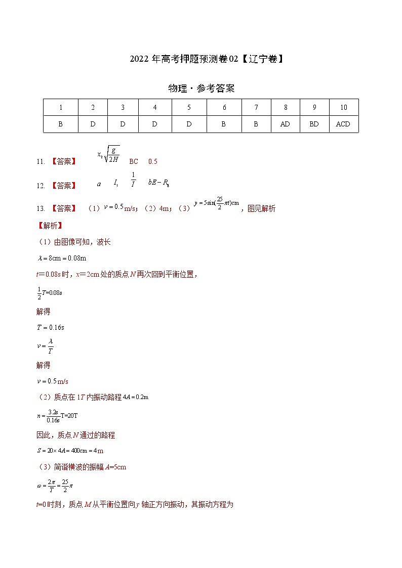 2022年高考物理押题预测卷02（辽宁卷）（参考答案）第1页