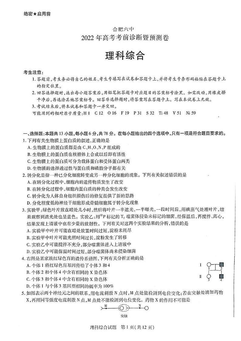 安徽省合肥市第六中学2022届高三考前诊断预测卷理科综合试题（化学生物物理）pdf版第1页