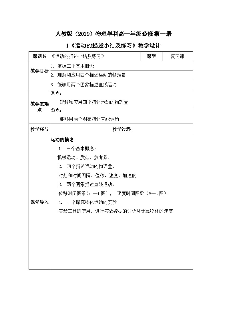 高一物理人教版（2019）必修第一册 《运动的描述小结及练习》课件+教案01