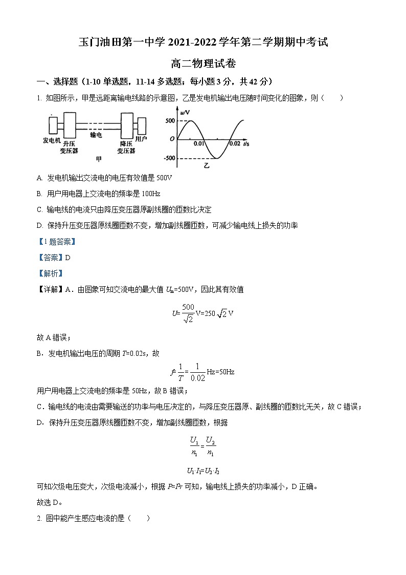 2021-2022学年甘肃省酒泉市玉门油田第一中学高二（下）期中物理试题（解析版）第1页