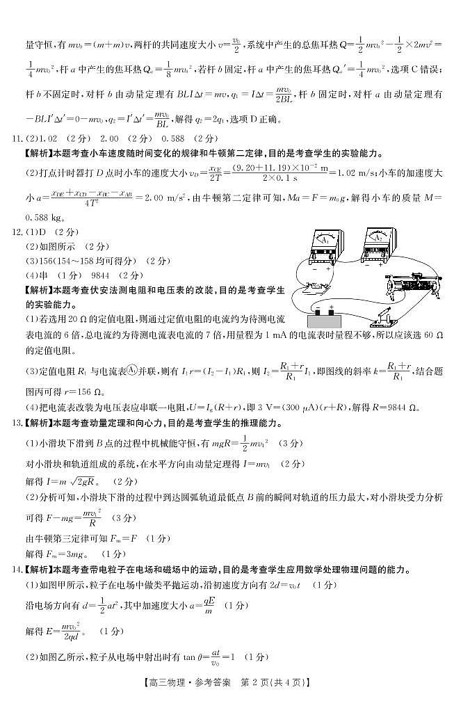 重庆市2021-2022学年上学期高三入学诊断考试物理答案第2页