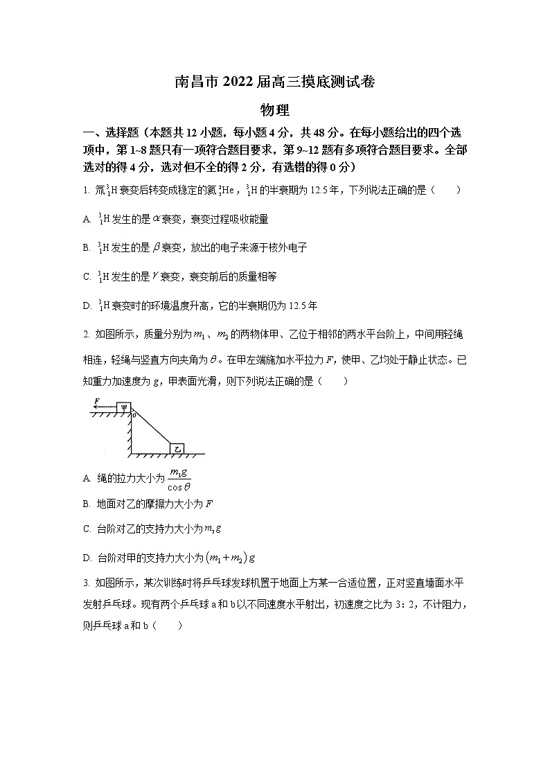 2022南昌高三上学期摸底考试物理试题含答案01