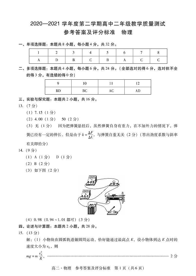 广东省汕尾市2020-2021学年高二下学期期末考试物理答案第1页