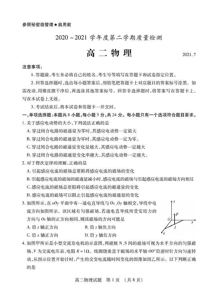 2021枣庄高二下学期期末考试物理试题PDF版含答案01